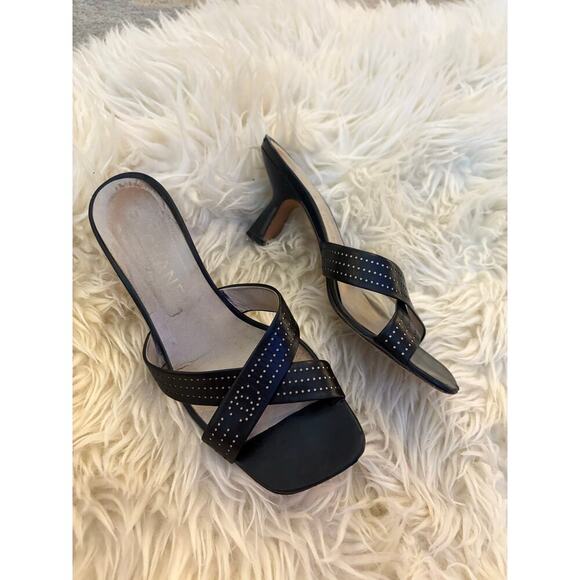 Chanel Black Leather Kitten Heel Slide Sandals 37 US 7 Cross Strap Mules CC Logo - Picture 2 of 11